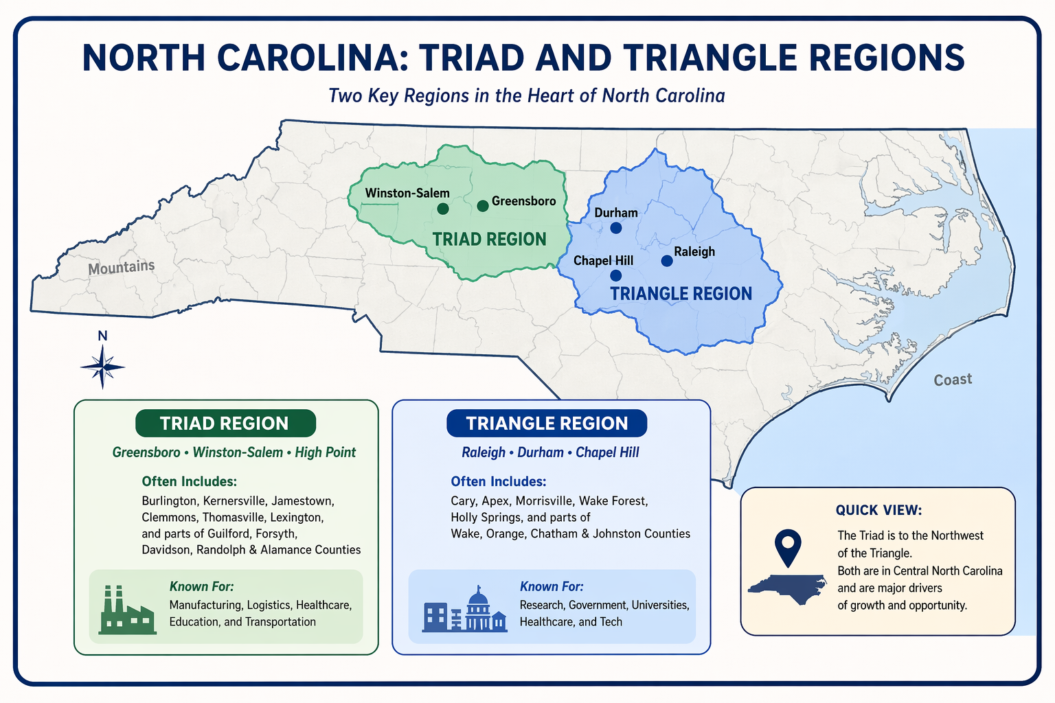 Map of the Triangle and Triad regions of North Carolina